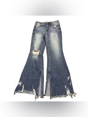 Risen RDP5020 High Rise Slit Flare DISTRESSED Jeans Med Wash Women's 11/29 EUC